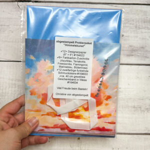 Probierpaket Himmelskunst mit Designerpapier, Farbkarton, Schmucksteinen & Geschenkband – abgestempelt